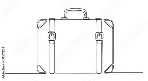 Minimalist illustration of a vintage-style suitcase with straps and buckles