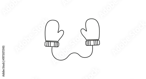 Outline of two mittens connected by a string on a white background