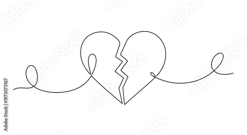 Continuous line drawing of a broken heart with flourishes