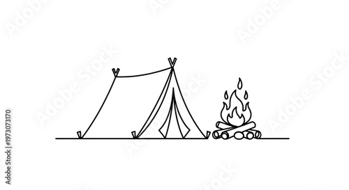 Simple line drawing of a tent and a campfire on a plain white background