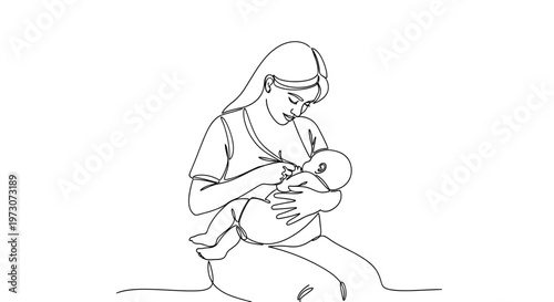 A mother lovingly cradles her infant, breastfeeding in a single line drawing