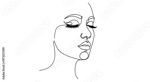 Elegant face with closed eyes drawn in a minimalist continuous line style