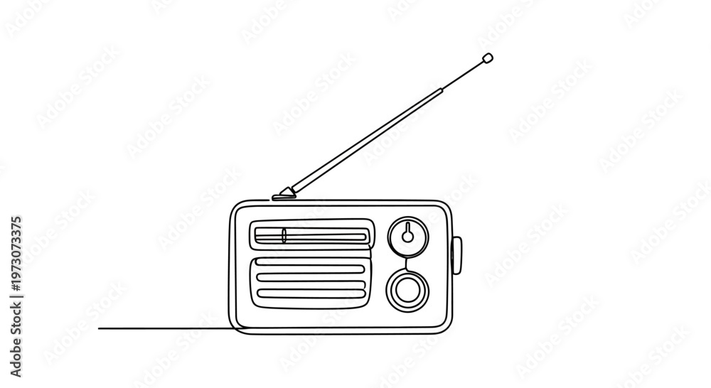 Obraz premium Minimalist line drawing of a portable radio with antenna and dial