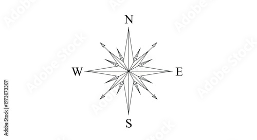An ornate eight-pointed star compass rose with N, S, E, W cardinal directions