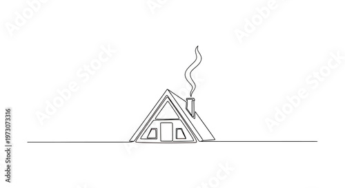 Minimalist line drawing of a triangular house with smoke rising from chimney