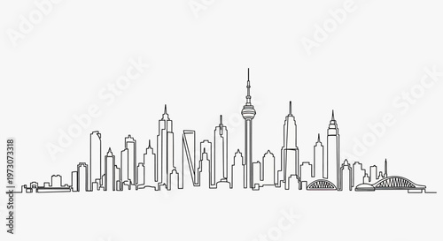 A minimalist, single-line drawing of a city skyline featuring diverse building shapes