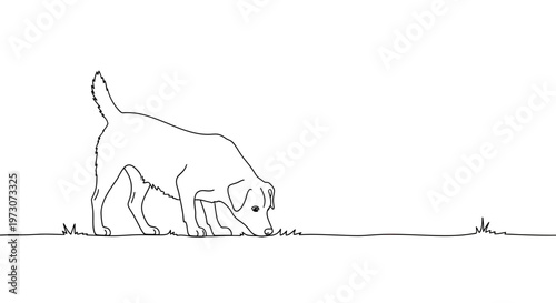 Simple line drawing of a dog sniffing the ground in a grassy area