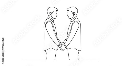 Two men facing each other, hands clasped in a gesture of affection and support