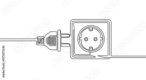 Continuous line art of an electrical plug being inserted into a wall socket