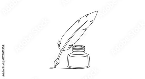 Obraz na plátně One continuous line drawing of a quill pen and inkwell