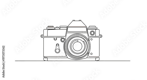 A minimalist black and white line drawing of a vintage camera