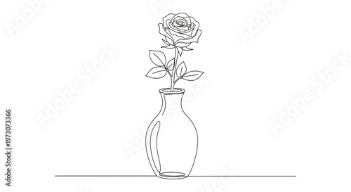 A minimalist line drawing of a single rose in a vase