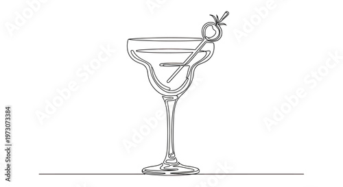 Single line drawing of a cocktail glass with a garnish