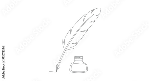 Single line drawing of a quill pen dipping into an inkwell on a white background