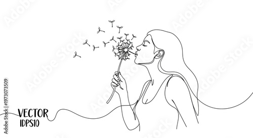 One line drawing of woman blowing dandelion seeds in the wind