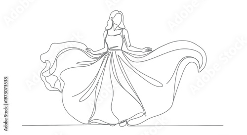 Single line drawing of a woman in a flowing, voluminous dress
