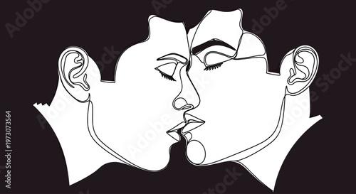 Two faces in profile, kissing, drawn in a single continuous line