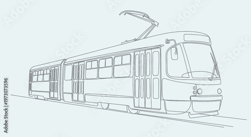 A simplified line drawing of a modern, articulated tram on tracks