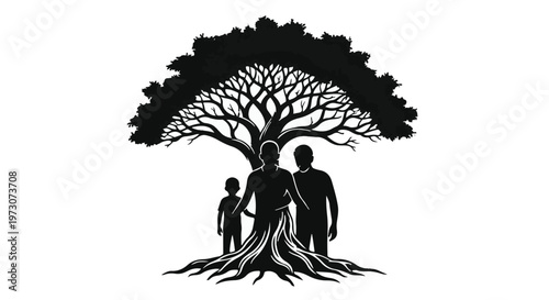 Family silhouette under a stylized tree with strong roots, representing connection and growth.