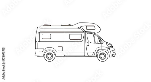 Minimalist black and white line art of a recreational vehicle