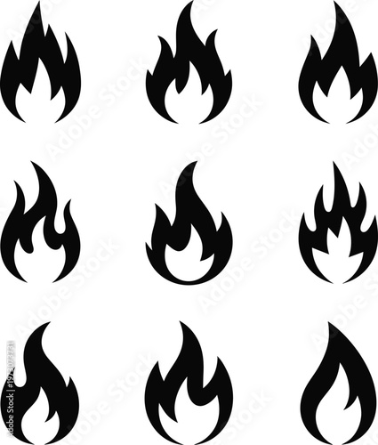 Set of nine black fire flame icons