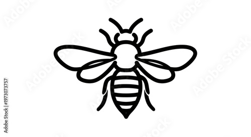 Minimalist black line drawing of a bee on a white background