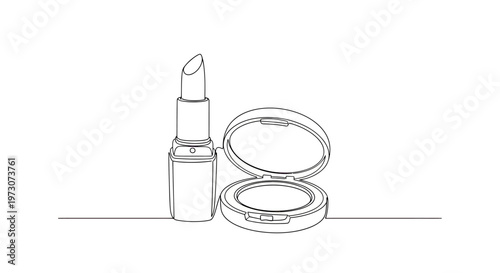 Stylized black line drawing of a lipstick and open compact powder