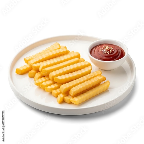 Golden French Fries on White Plate with Ketchup