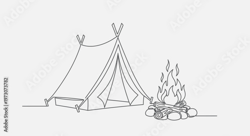 Minimalist camping scene a teepee tent and a crackling bonfire