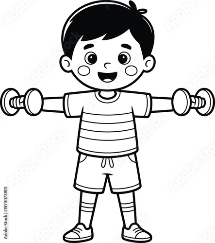 Cartoon boy exercising with dumbbells, coloring page for kids