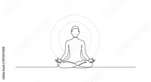 Single line art of a person meditating with concentric circles behind head