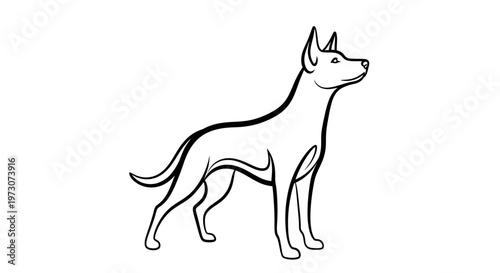 A minimalist line drawing of a lean dog standing attentively, looking upwards