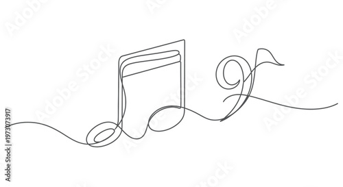 Minimalist line art depicting musical notes and clef on a plain background