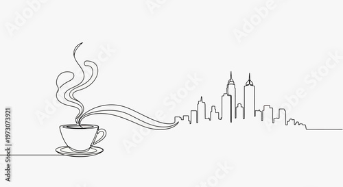 Minimalist line art of steaming coffee cup with city skyline in the background