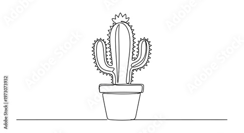 Minimalist line art of a cactus in a pot on a white background