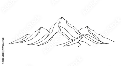 A minimalist illustration depicts a range of jagged mountains drawn with thin, flowing black lines