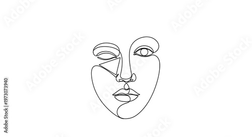 Abstract face with closed and open eye, drawn in continuous line