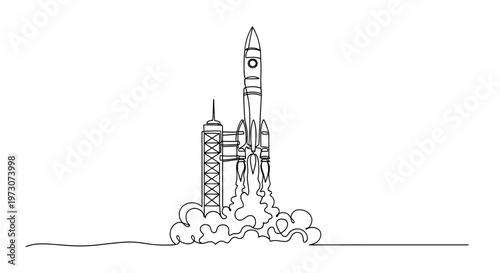 A rocket launches with billowing smoke from a launch tower