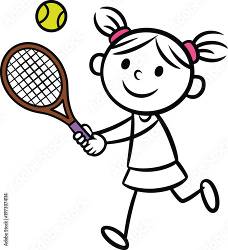 Cartoon illustration of a happy girl playing tennis
