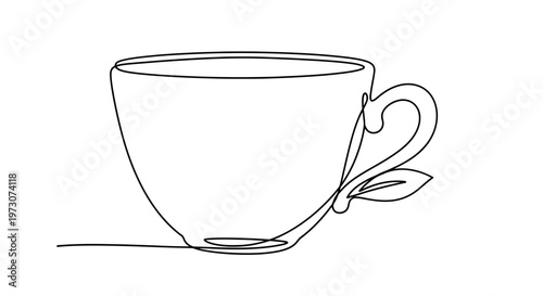 A single continuous line drawing of a teacup with leaves and handle