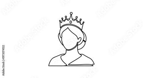 A minimalist black outline of a queen wearing a crown and elegant gown