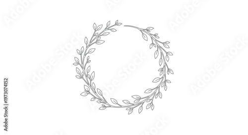 Delicate grey line art of a circular wreath made of leaves and branches
