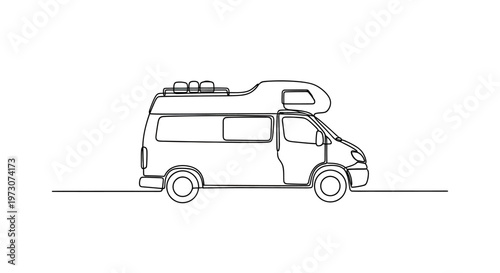 Minimalist continuous line drawing of a recreational vehicle