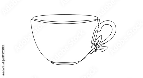 Minimalist line art of a teacup with a decorative leaf accent