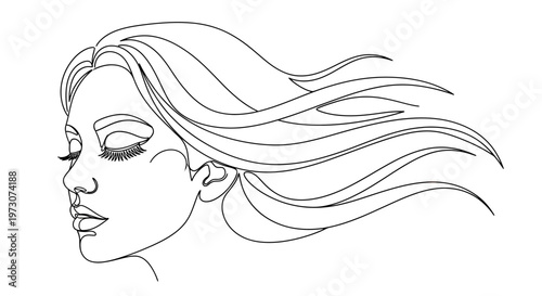 Woman's profile in minimalist line art, with flowing hair and closed eyes
