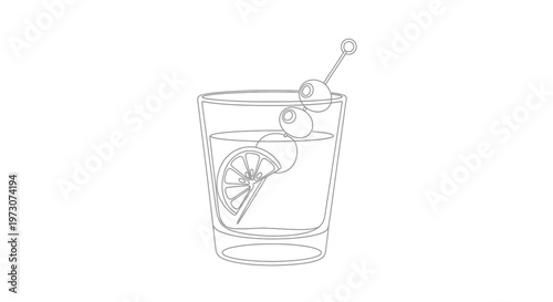 Minimalist line drawing of a cocktail glass with a lemon slice and cherries