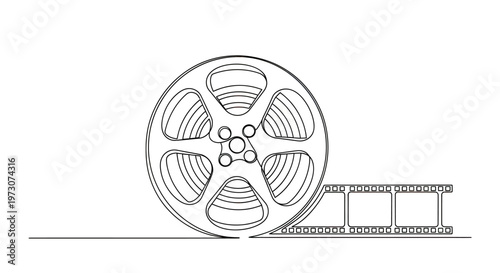 Detailed outline of a film reel and strip of film on a white background