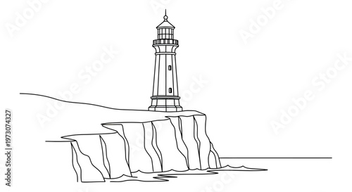 Simple line drawing of a lighthouse standing on a cliff by the ocean