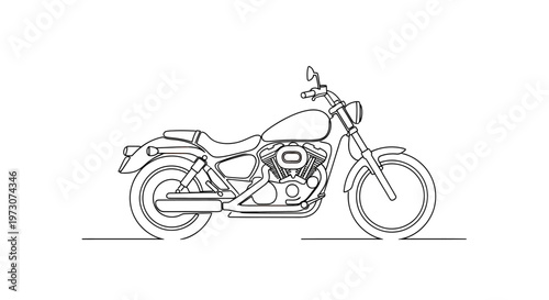 A minimalist line drawing of a cruiser motorcycle on a white background
