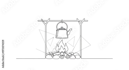 A camping kettle hangs over a crackling campfire, with triangular shapes scattered around
